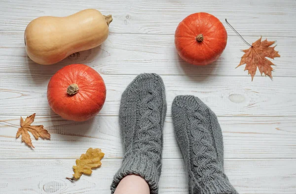 Beine Eines Mädchens Stricksocken Auf Einem Hölzernen Hintergrund Neben Kürbissen — Stockfoto