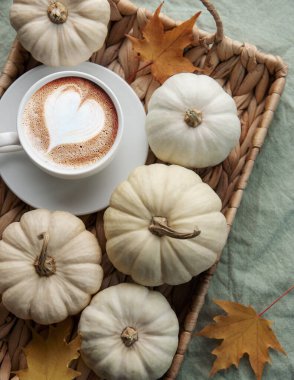 Hasır tepside beyaz balkabakları, kahve ve sonbahar yaprakları. Sonbahar ev dekorasyonu.