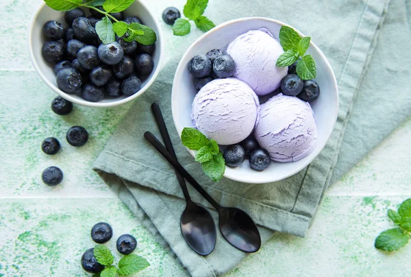 Homemade Blueberry Ice Cream Fresh Blueberries Sweet Berry Summer Dessert — 스톡 사진