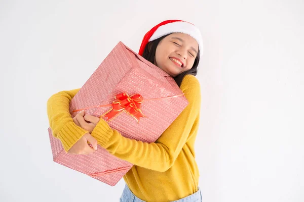 Gelukkig Jong Meisje Houden Huidige Doos Aziatisch Meisje Dragen Gele — Stockfoto