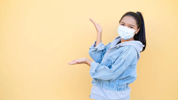 Portrait Happy Young Girl Wear Mask Jacket Jean Orange Background — Stock Photo, Image