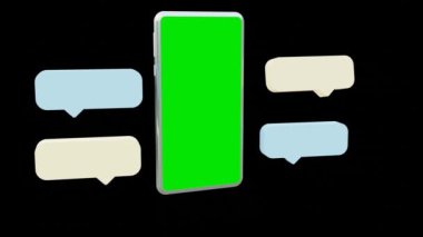 Yeşil ekranlı modern akıllı telefon ve siyah arka planda sohbet. 3 boyutlu resimleme. 4k çözünürlüklü video. İş, piyasa vesaire için. Bilgisayar tarafından oluşturulmuş görüntü. Kolay özelleştirilebilir