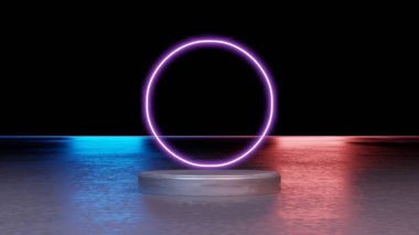 Mor neon ışıklı ürün arka plan sahnesi ya da fütüristik arka planda podyum kaidesi. 3d illüstrasyon oluşturma