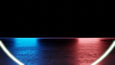 Neon ışıklı soyut zemin ve yansımalı renkli neon ışıklı daireler içeren platform. 4k çözünürlüklü video. soyut teknoloji retro arkaplan 3d illüstrasyon oluşturma