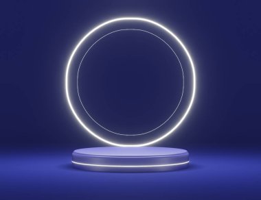Broşürleri, ürünleri ve kozmetik reklamları için podyum sahnesi olan beyaz neon ışığı. 3d illüstrasyon oluşturma