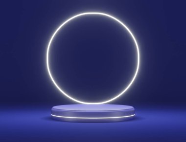 Broşürleri, ürünleri ve kozmetik reklamları için podyum sahnesi olan beyaz neon ışığı. 3d illüstrasyon oluşturma