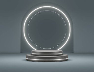 Broşürleri, ürünleri ve kozmetik reklamları için podyum sahnesi olan siyah neon ışığı. 3d illüstrasyon oluşturma