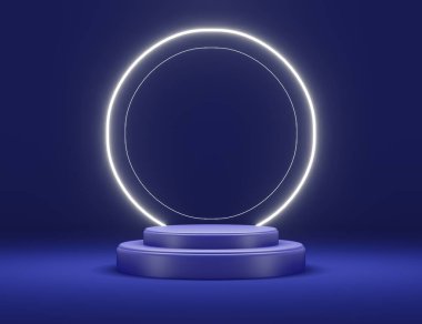 Broşürleri, ürünleri ve kozmetik reklamları için podyum sahnesi olan beyaz neon ışığı. 3d illüstrasyon oluşturma