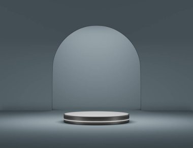 Broşür, sergi ürünleri ve kozmetik reklamları için beyaz neon ışıklı podyum sahnesi. 3d illüstrasyon oluşturma