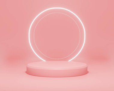 Broşür, ekran ürünleri ve kozmetik reklamları için arka plan pembe renkli beyaz ışıklı podyum. 3d illüstrasyon oluşturma