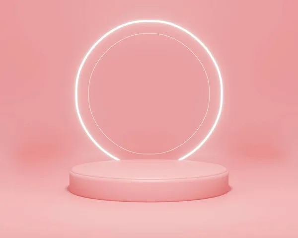 white neon light podium pink color with background pink scene for flyer, display products, and cosmetic advertising . 3d illustration rendering