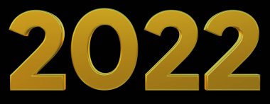 Mutlu yıllar 2022, siyah izole edilmiş arka planı olan 3D altın mesaj. Yeni yıl geçmişi. 3d illüstrasyon oluşturma