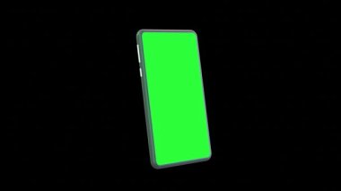 Siyah arka planı yeşil ekranlı modern akıllı telefon. 3 boyutlu resimleme. 4k çözünürlüklü video. İş, reklam, piyasa vesaire için. Bilgisayar tarafından oluşturulmuş görüntü. Kolay özelleştirilebilir 