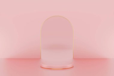 Sevgililer günü kartı, ürün, broşür, iş, reklam vesaire için pembe arka planda podyum. 3d illüstrasyon oluşturma