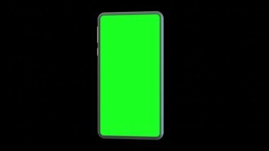 Siyah arka planı yeşil ekranlı modern akıllı telefon. 3 boyutlu resimleme. 4k çözünürlüklü video. İş, reklam, piyasa vesaire için. Bilgisayar tarafından oluşturulmuş görüntü. Kolay özelleştirilebilir