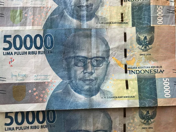 Rupia Indonezyjska Dla Pochodzenia Indonezyjska Seria Banknotów Rupii Wartości Pięćdziesięciu — Zdjęcie stockowe