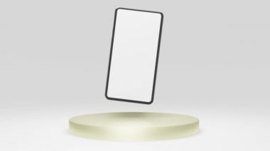 Podyum gri altından beyaz ekranlı modern akıllı telefon. 3 boyutlu resimleme. 4k çözünürlüklü video. iş, reklam, broşür, piyasa ve benzerleri için