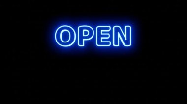 Siyah arka planda 24 saat açık olan neon tabela animasyonu. Mavi neon tabela 24 saat açık ve kırmızı neon renk mağaza veya bar ve gece kulübü için uygundur, Casino 4K video iş konsepti
