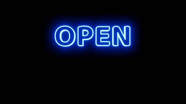 Neon Sign Animation Open Hours Black Background Blue Neon Sign — Stock Video