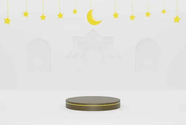 フライデザイン バナー ポスターなどのための星と三日月ゴールドカラー3Dイラストレンダリングとラマダーンホワイト装飾イスラムの背景で3D — ストック写真