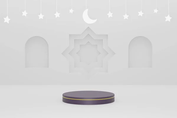 Pódio Ramadã Ornamento Branco Fundo Islâmico Com Estrelas Crescente Branco — Fotografia de Stock