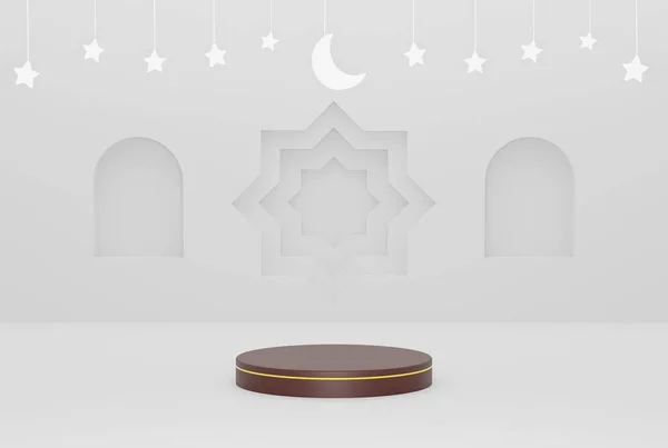 Pódium Ramadánu Bílá Ornament Islámské Pozadí Hvězdami Srpek Bílá Barva — Stock fotografie