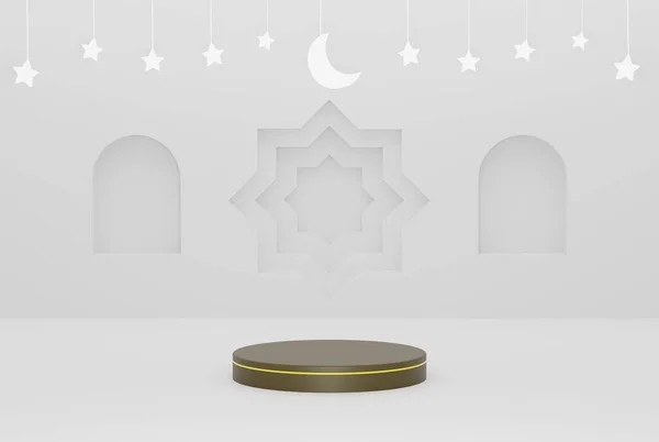Pódio Ramadã Ornamento Branco Fundo Islâmico Com Estrelas Crescente Branco — Fotografia de Stock