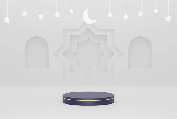Podium Ramadan Biały Ornament Islamskie Tło Gwiazdami Półksiężyc Biały Kolor — Zdjęcie stockowe