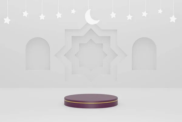 フライデザイン バナー ポスターなどのための星と三日月の白い色の3Dイラストレンダリングとラマダーンホワイト装飾イスラムの背景で3D — ストック写真