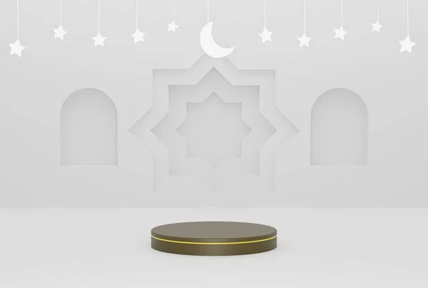 フライデザイン バナー ポスターなどのための星と三日月の白い色の3Dイラストレンダリングとラマダーンホワイト装飾イスラムの背景で3D — ストック写真