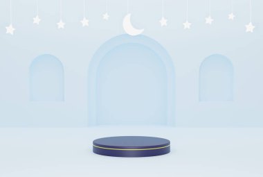Ramazan mavisi süs arkaplanındaki 3d podyum yıldızlar ve hilal beyazı 3d illüstrasyon broşür tasarımı, afiş, poster vs.