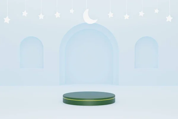 フライデザイン バナー ポスターなどのための星と三日月の白の3Dイラストレンダリングとラマダーンブルーの装飾イスラムの背景で3D — ストック写真