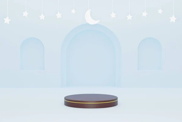 Pódio Ramadã Azul Ornamento Islâmico Fundo Com Estrelas Crescente Branco — Fotografia de Stock