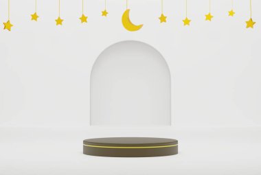 3D podyum beyaz İslami arka planda yıldızlar ve hilal altın rengi 3D illüstrasyon broşür tasarımı, afiş, poster vs.