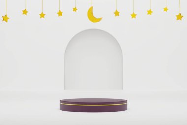 3D podyum beyaz İslami arka planda yıldızlar ve hilal altın rengi 3D illüstrasyon broşür tasarımı, afiş, poster vs.