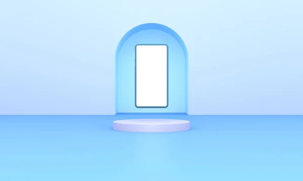 Blue Podium Platform Smartphone Blue Background Illustration Rendering Flyer Display — Stockfoto