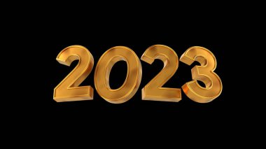 Mutlu yıllar 2023 altın metin siyah izole edilmiş arka plan 3D çizim