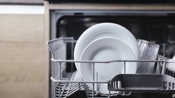 Kadın eli bulaşık makinesinin çamaşır sepetinden yıkanmış tabağı alır. — Stok video