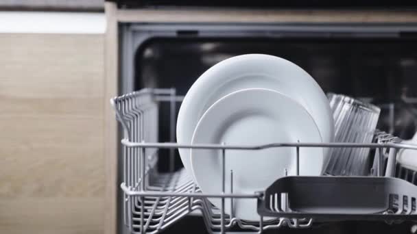 Female hand puts dirty plate to the basket of an open dishwasher machine — Stock Video