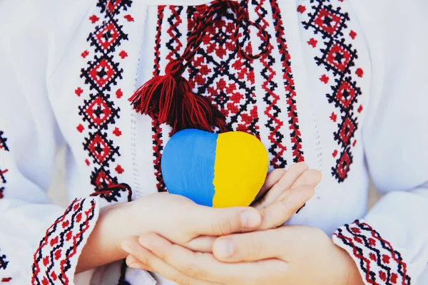 Nakışlı ya da nakışlı gömlekli bir kız Ukrane bayrağıyla kalp şeklinde.