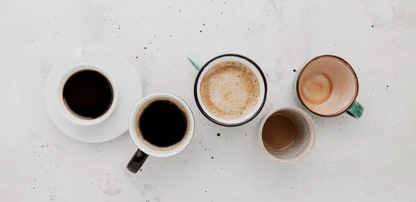 Top View Flat Lay Many Different Full Empty Coffee Cups — Foto de Stock