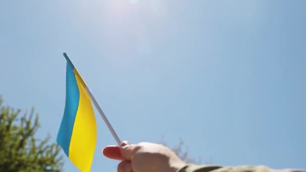 Ukraine National Flag Human Hand Waving Wind Front Clear Sky — Stockvideo