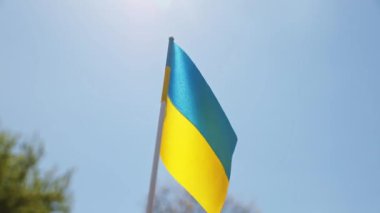 Ukraine national flag in human hand waving by wind in front of clear sky with sun. Small blue-yellow symbol souvenir of nation, freedom, nationality, strength, will, honor. High quality FullHD footage