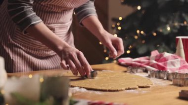 Mutlu Noeller, mutlu yıllar. Zencefilli kurabiye pişirme, pişirme. Genç kadın değişik özel mutfak formları kullanarak yoğurulmuş hamurdan zencefilli kurabiye figürleri yontuyor, kesiyor ve oyuyor.