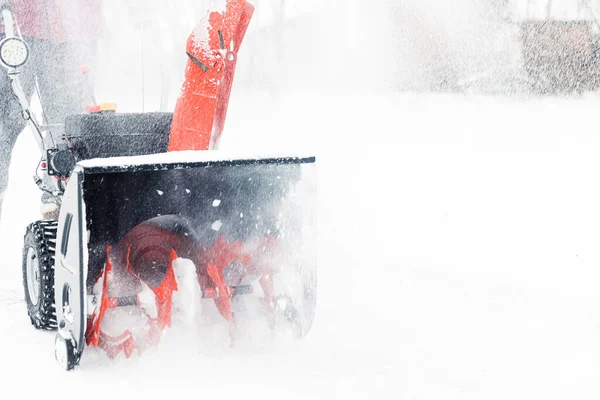 Detail Closeup Portable Red Snow Blower Powered Gasoline Action Man — Stock Photo, Image