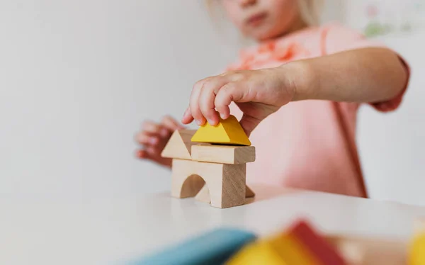 Маленька Дівчинка Грає Дерев Яні Будівельні Блоки Вдома Або Дитячому — стокове фото