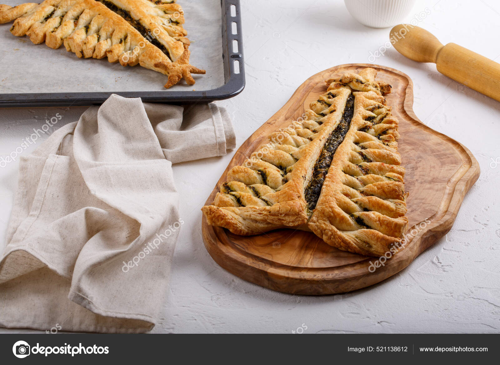 Puff Pastry Pie Cheese Spinach Shape Christmas Tree Baking Sheet Stock
