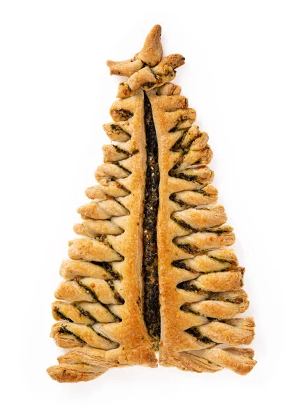 Torta Pasta Sfoglia Con Formaggio Spinaci Forma Albero Natale Isolato — Foto Stock