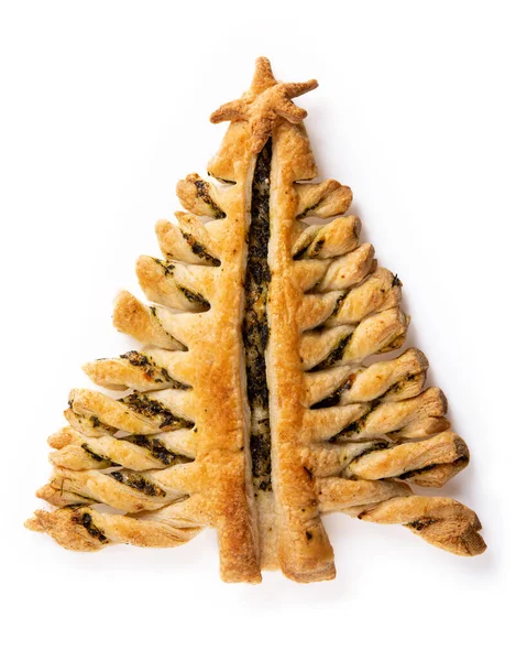 Puff Πίτα Ζαχαροπλαστικής Τυρί Και Σπανάκι Σχήμα Χριστουγεννιάτικου Δέντρου Που — Φωτογραφία Αρχείου