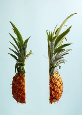 Pastel mavi arka planda ananasın iki parçasını uçurmak. Havalandırma gıda konsepti. Boşluğu kopyala.